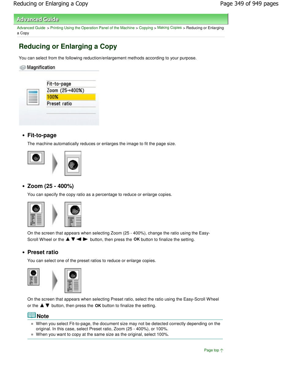 Reducing or enlarging a copy, Fit-to-page, Preset ratio | Canon PIXMA MP560 User Manual | Page 349 / 949