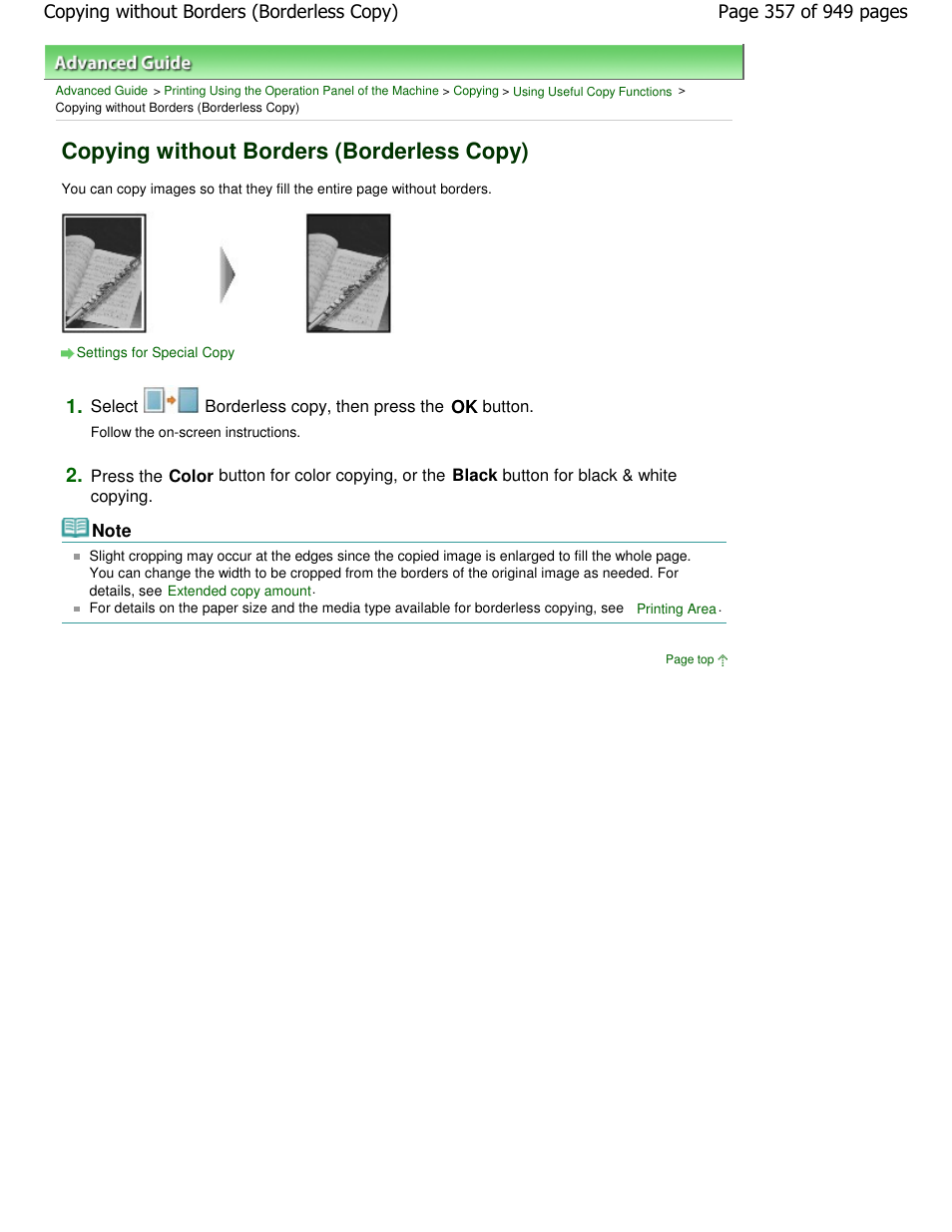 Copying without borders (borderless copy) | Canon PIXMA MP560 User Manual | Page 357 / 949