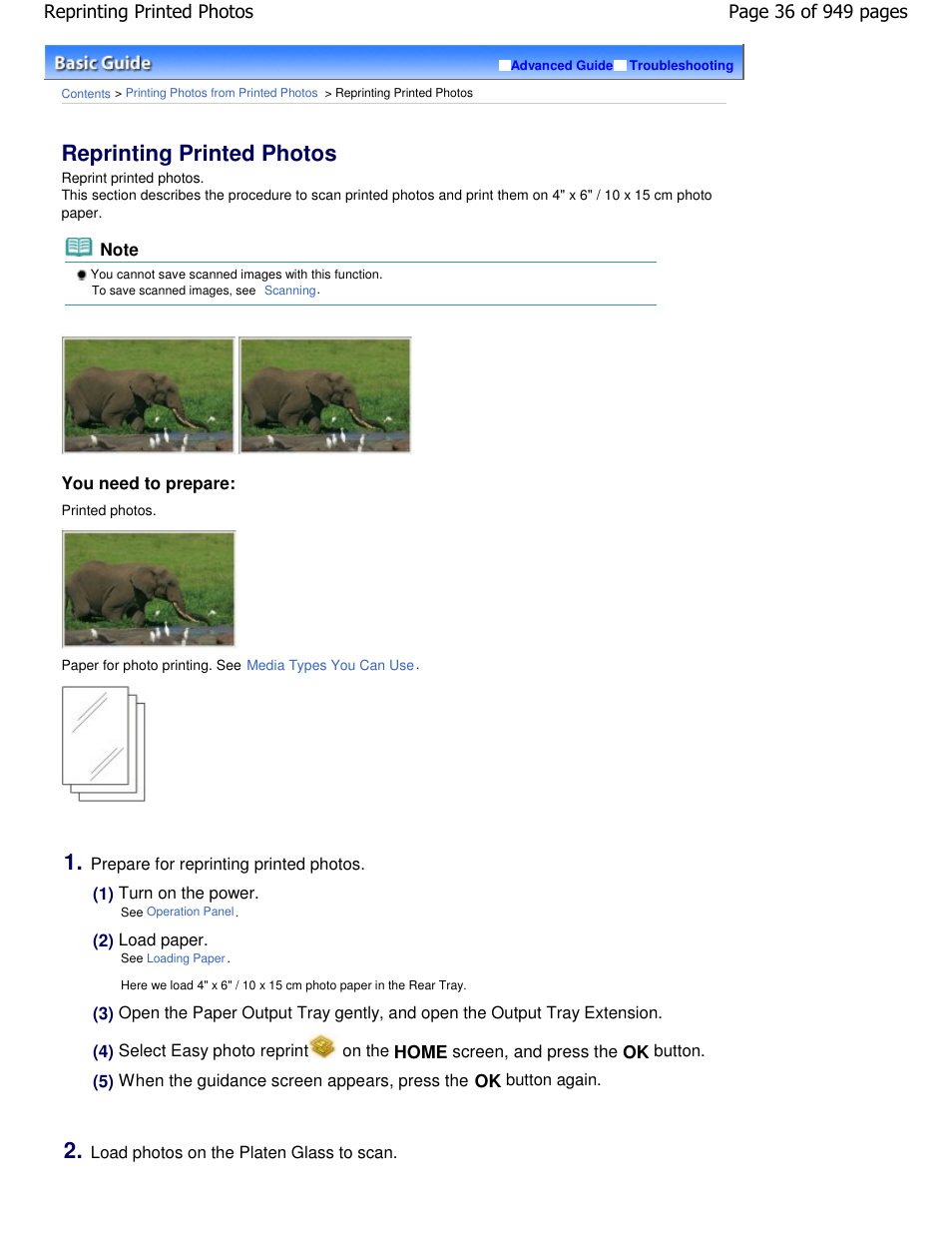 Reprinting printed photos | Canon PIXMA MP560 User Manual | Page 36 / 949