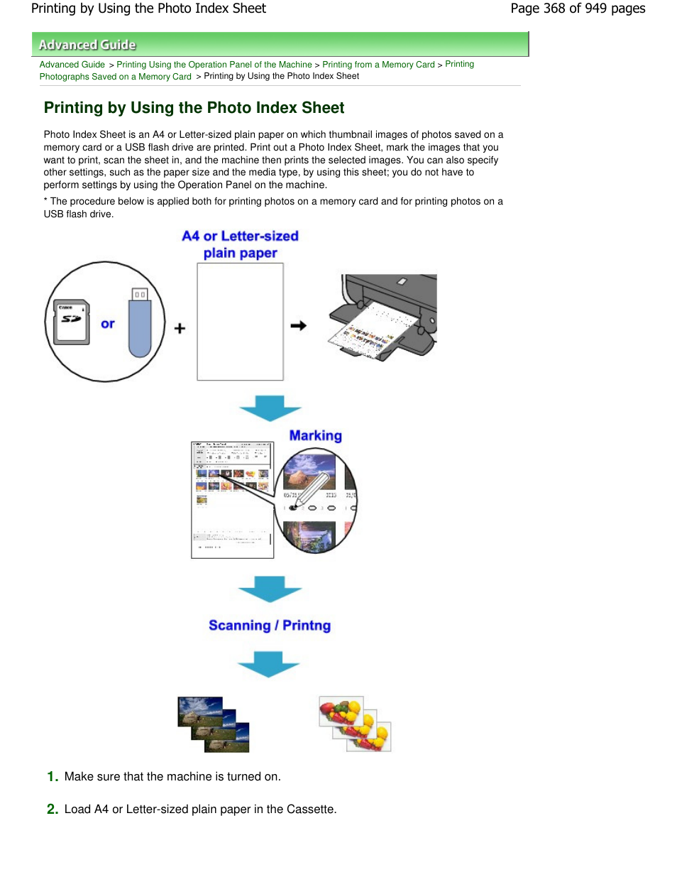 Printing by using the photo index sheet | Canon PIXMA MP560 User Manual | Page 368 / 949