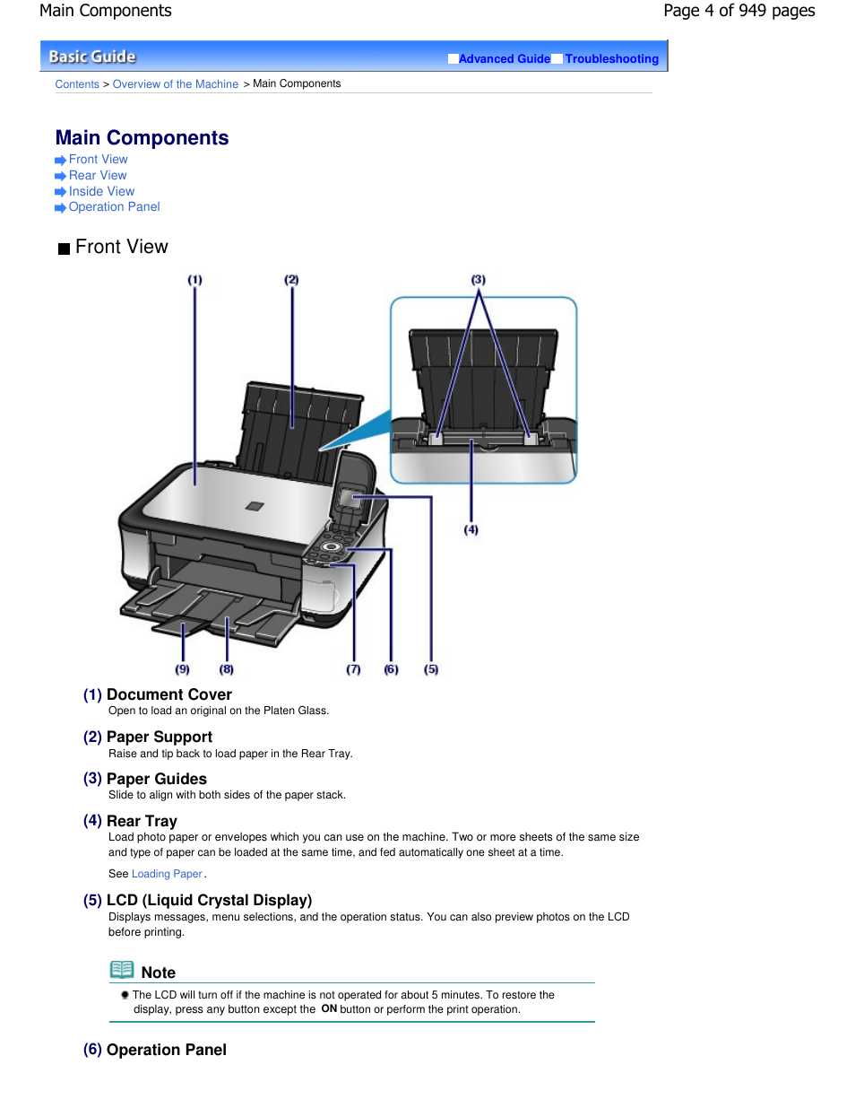 Main components, Front view | Canon PIXMA MP560 User Manual | Page 4 / 949