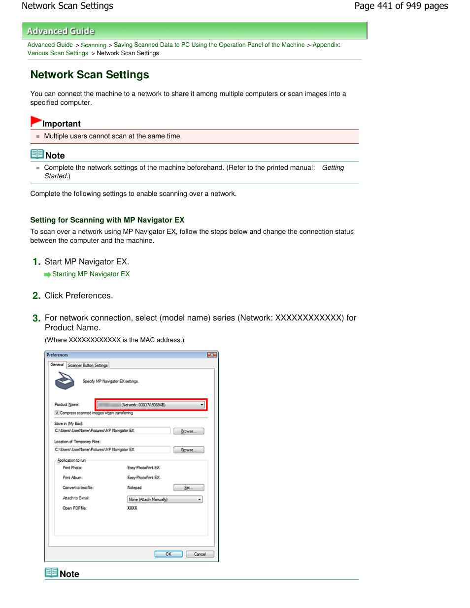 Network scan settings | Canon PIXMA MP560 User Manual | Page 441 / 949