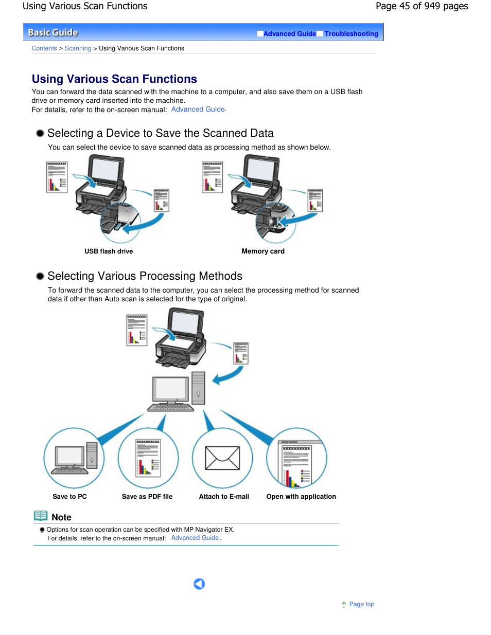 Using various scan functions, Selecting various processing methods, Selecting a device to save the scanned data | Canon PIXMA MP560 User Manual | Page 45 / 949