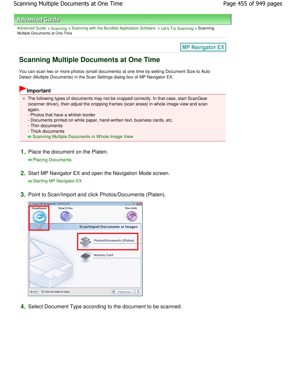 Scanning multiple documents at one time | Canon PIXMA MP560 User Manual | Page 455 / 949