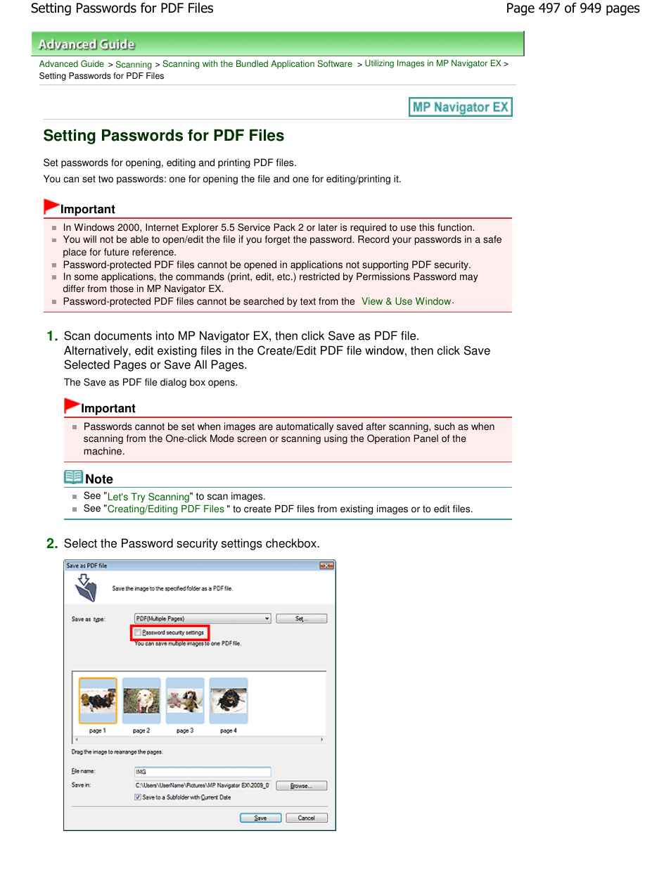 Setting passwords for pdf files | Canon PIXMA MP560 User Manual | Page 497 / 949