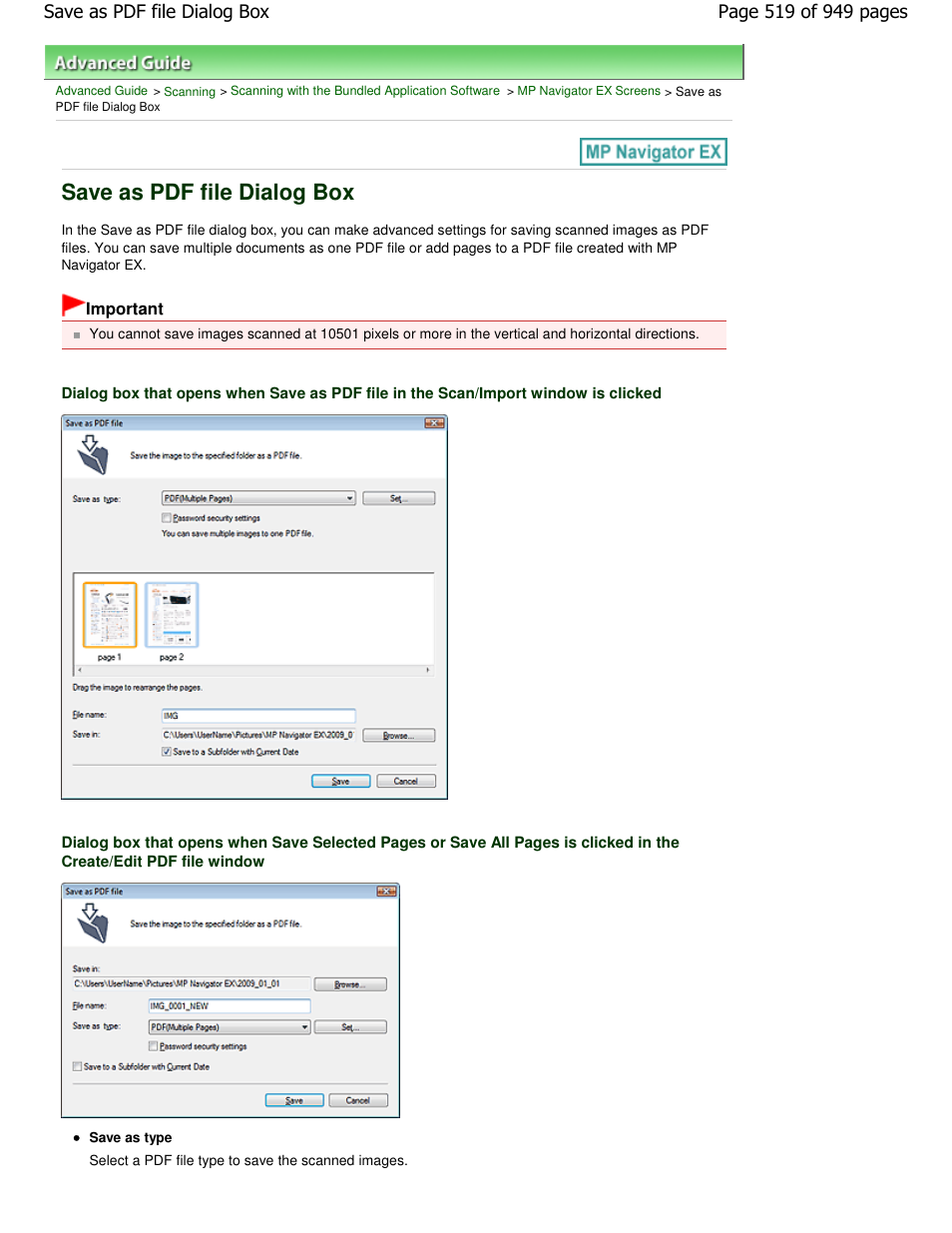 Save as pdf file dialog box | Canon PIXMA MP560 User Manual | Page 519 / 949