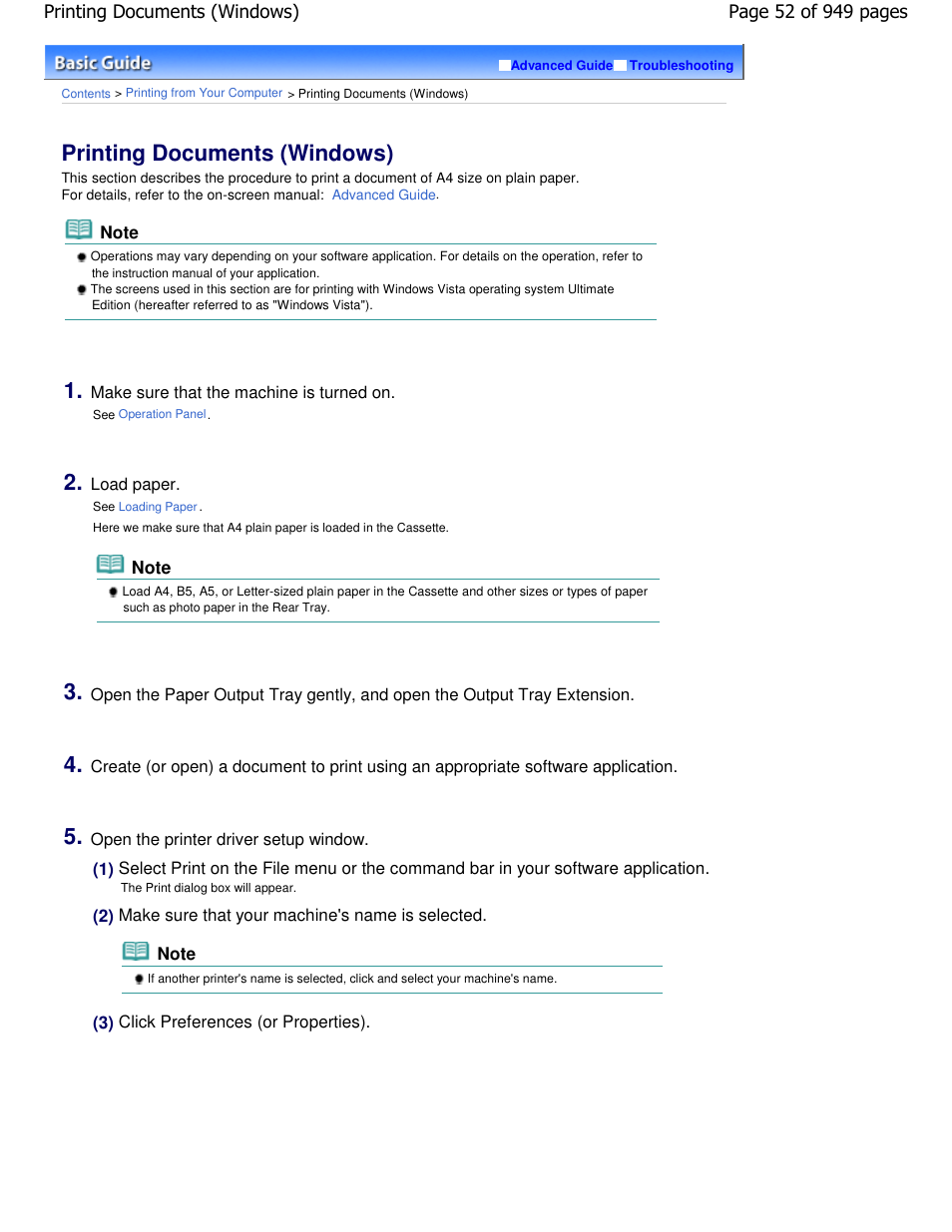 Printing documents (windows) | Canon PIXMA MP560 User Manual | Page 52 / 949