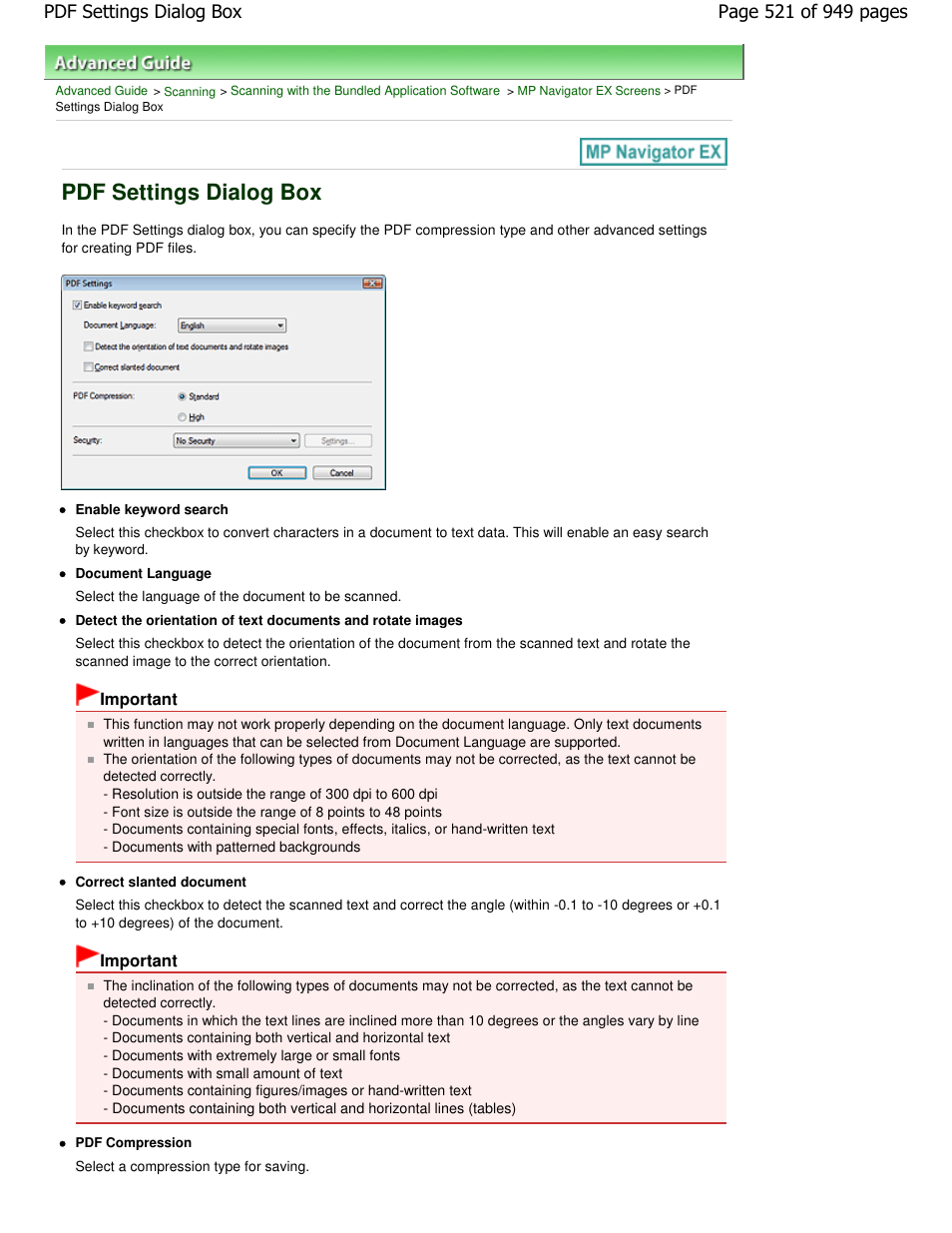 Pdf settings dialog box | Canon PIXMA MP560 User Manual | Page 521 / 949