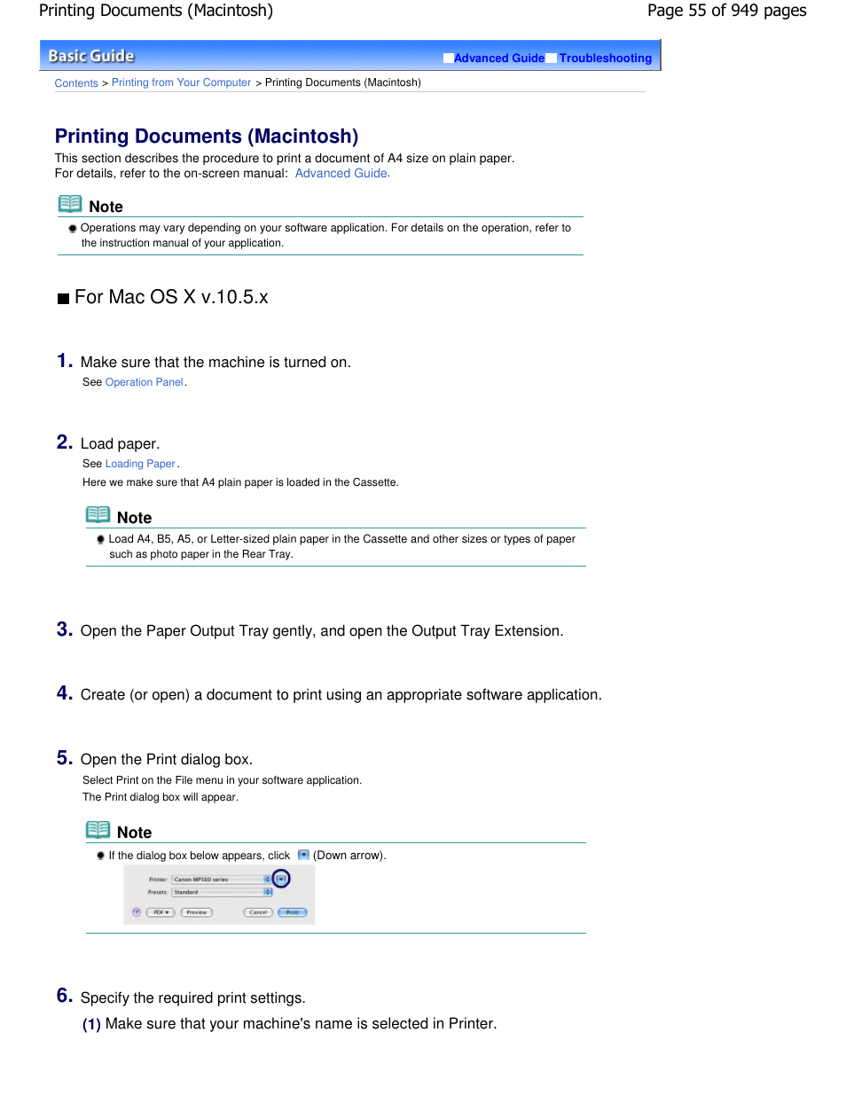 Printing documents (macintosh), For mac os x v.10.5.x | Canon PIXMA MP560 User Manual | Page 55 / 949