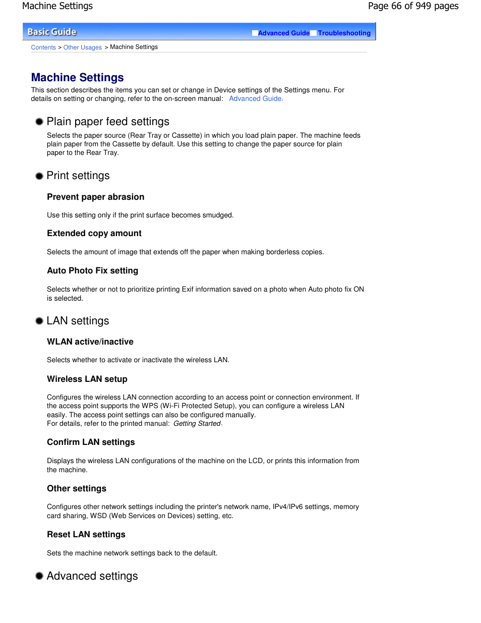 Machine settings, Plain paper feed settings, Advanced settings | Print settings, Lan settings | Canon PIXMA MP560 User Manual | Page 66 / 949