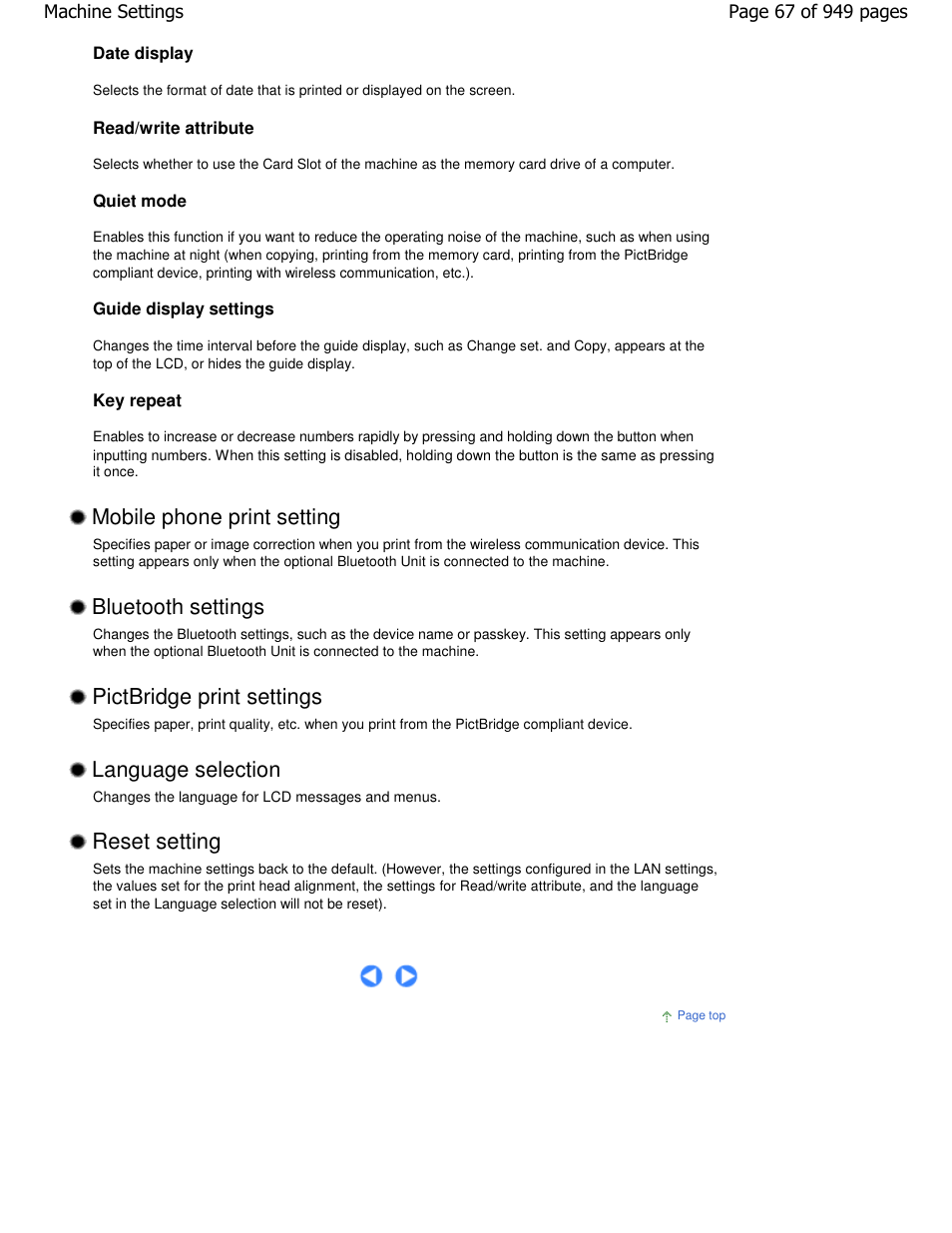 Reset setting, Mobile phone print setting, Bluetooth settings | Pictbridge print settings, Language selection | Canon PIXMA MP560 User Manual | Page 67 / 949