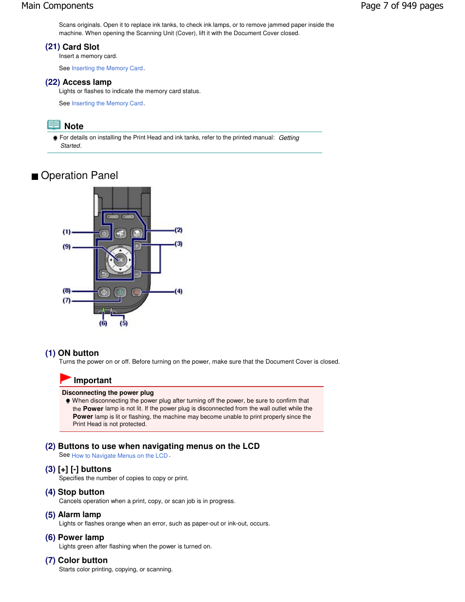 Operation panel, Page 7 of 949 pages main components | Canon PIXMA MP560 User Manual | Page 7 / 949