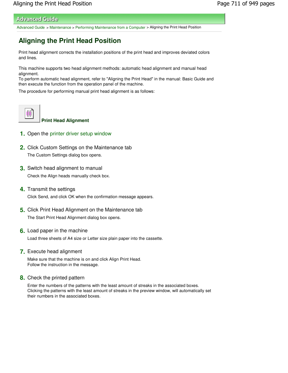 Aligning the print head position | Canon PIXMA MP560 User Manual | Page 711 / 949