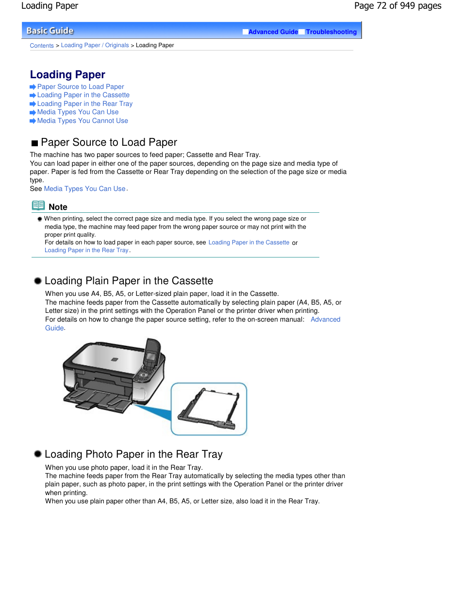 Loading paper, Paper source to load paper, Loading plain paper in the cassette | Loading photo paper in the rear tray | Canon PIXMA MP560 User Manual | Page 72 / 949