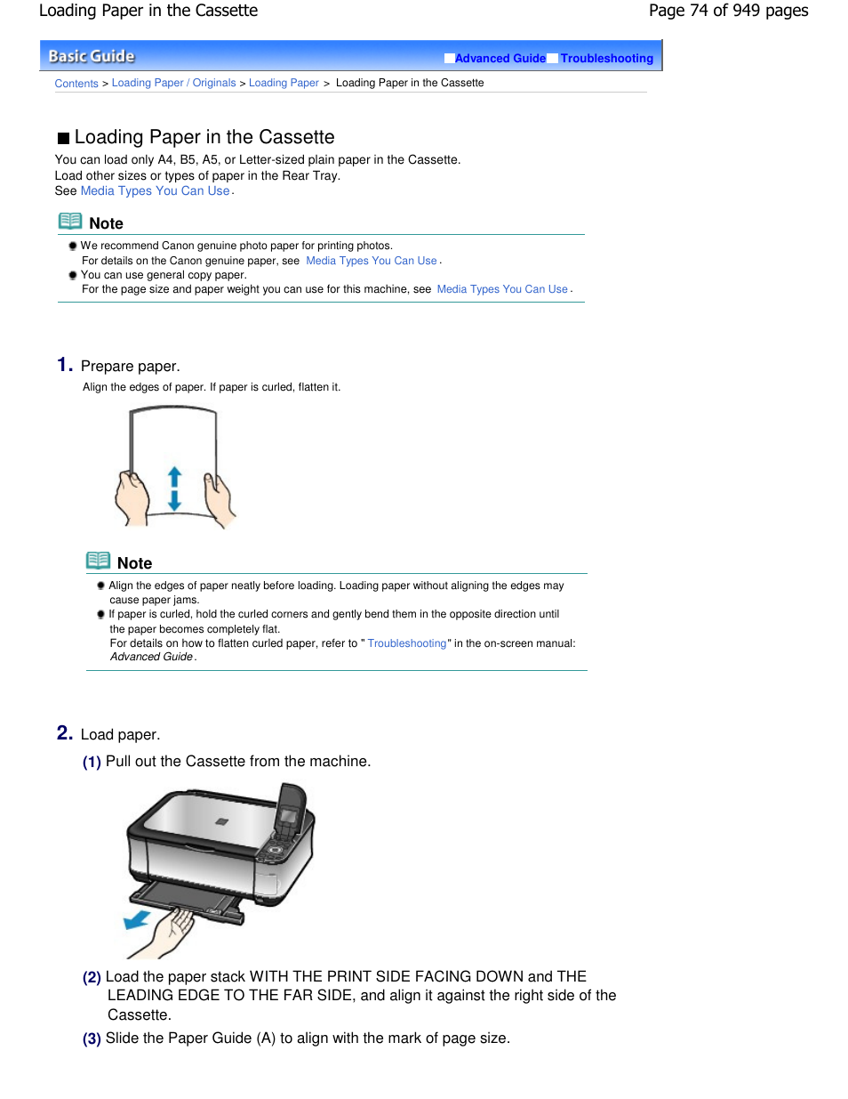 Loading paper in the cassette | Canon PIXMA MP560 User Manual | Page 74 / 949