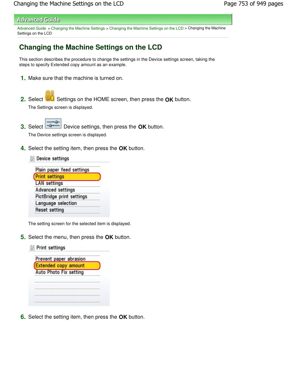 Changing the machine settings on the lcd | Canon PIXMA MP560 User Manual | Page 753 / 949