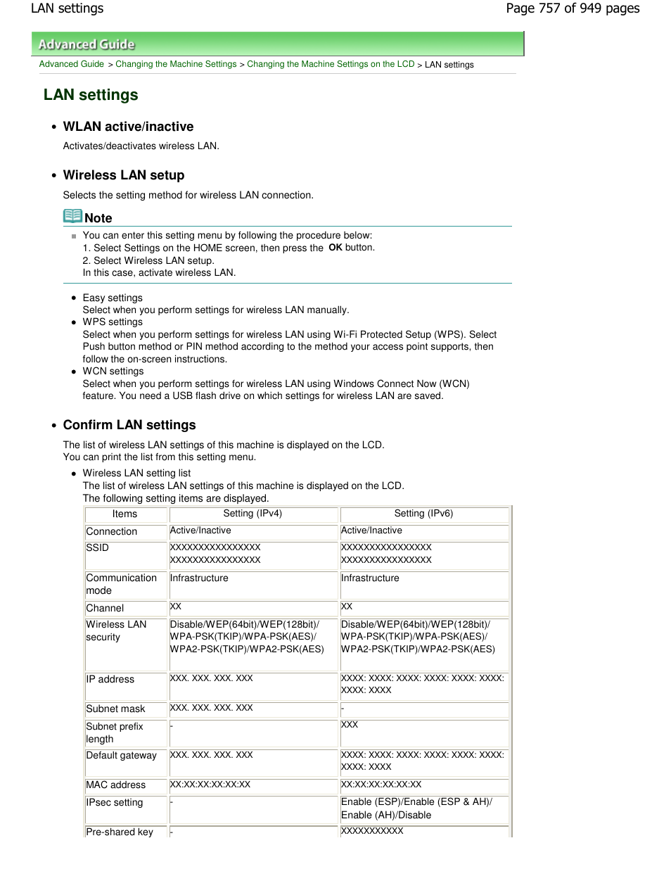 Lan settings, Wlan active/inactive, Wireless lan setup | Confirm lan settings | Canon PIXMA MP560 User Manual | Page 757 / 949