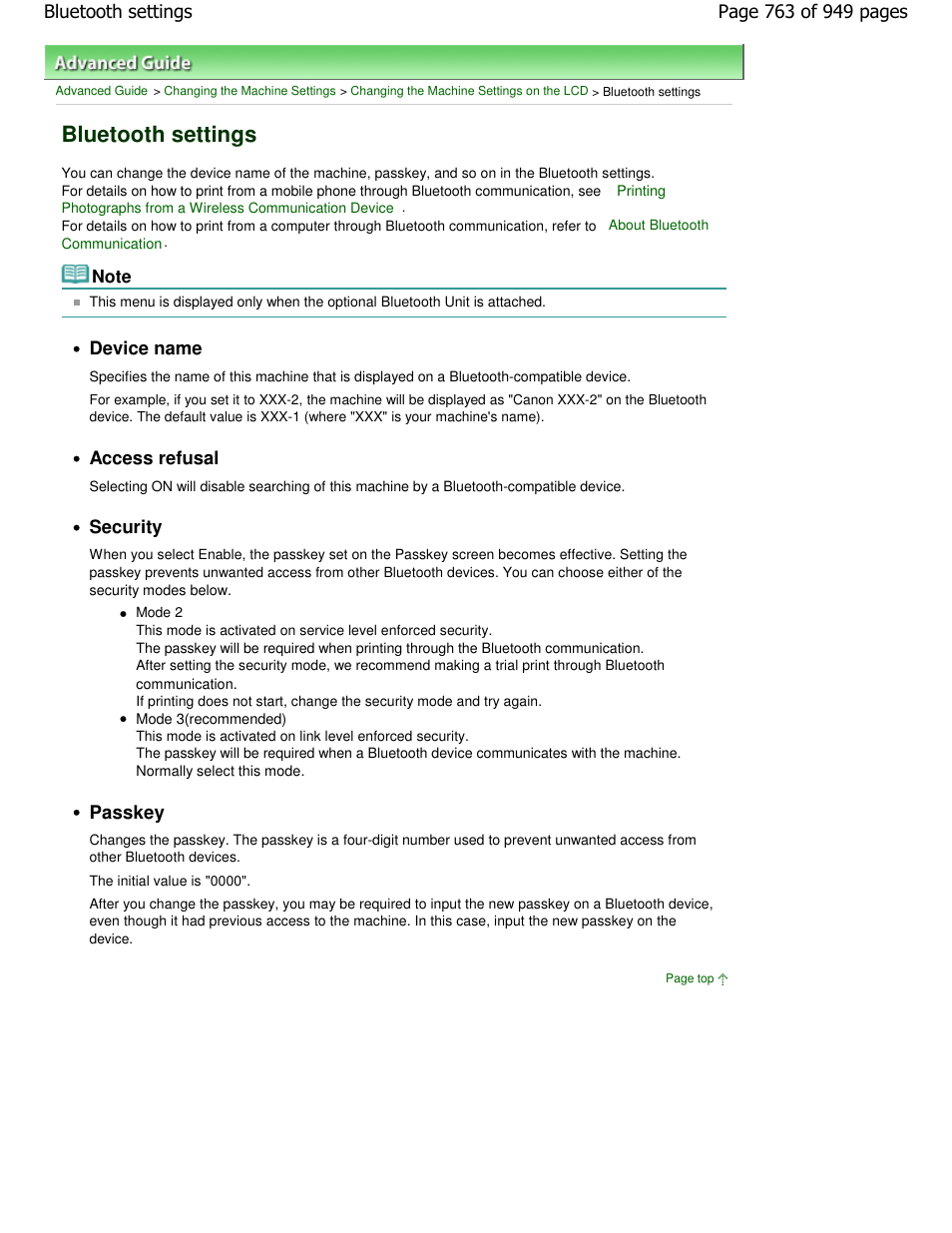 Bluetooth settings, Device name, Access refusal | Security, Passkey | Canon PIXMA MP560 User Manual | Page 763 / 949