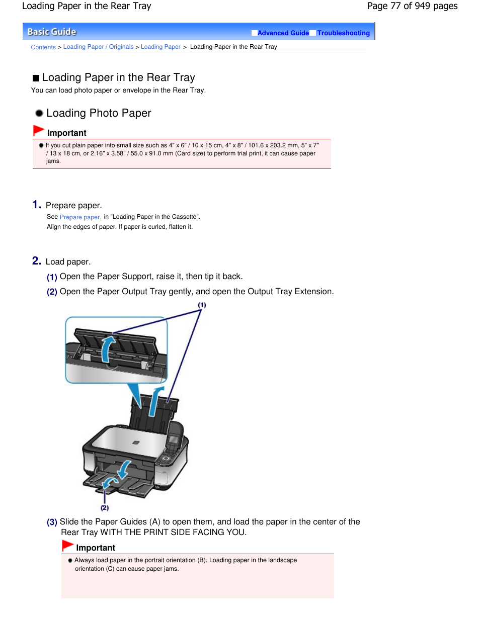 Loading photo paper, Loading paper in the rear tray | Canon PIXMA MP560 User Manual | Page 77 / 949