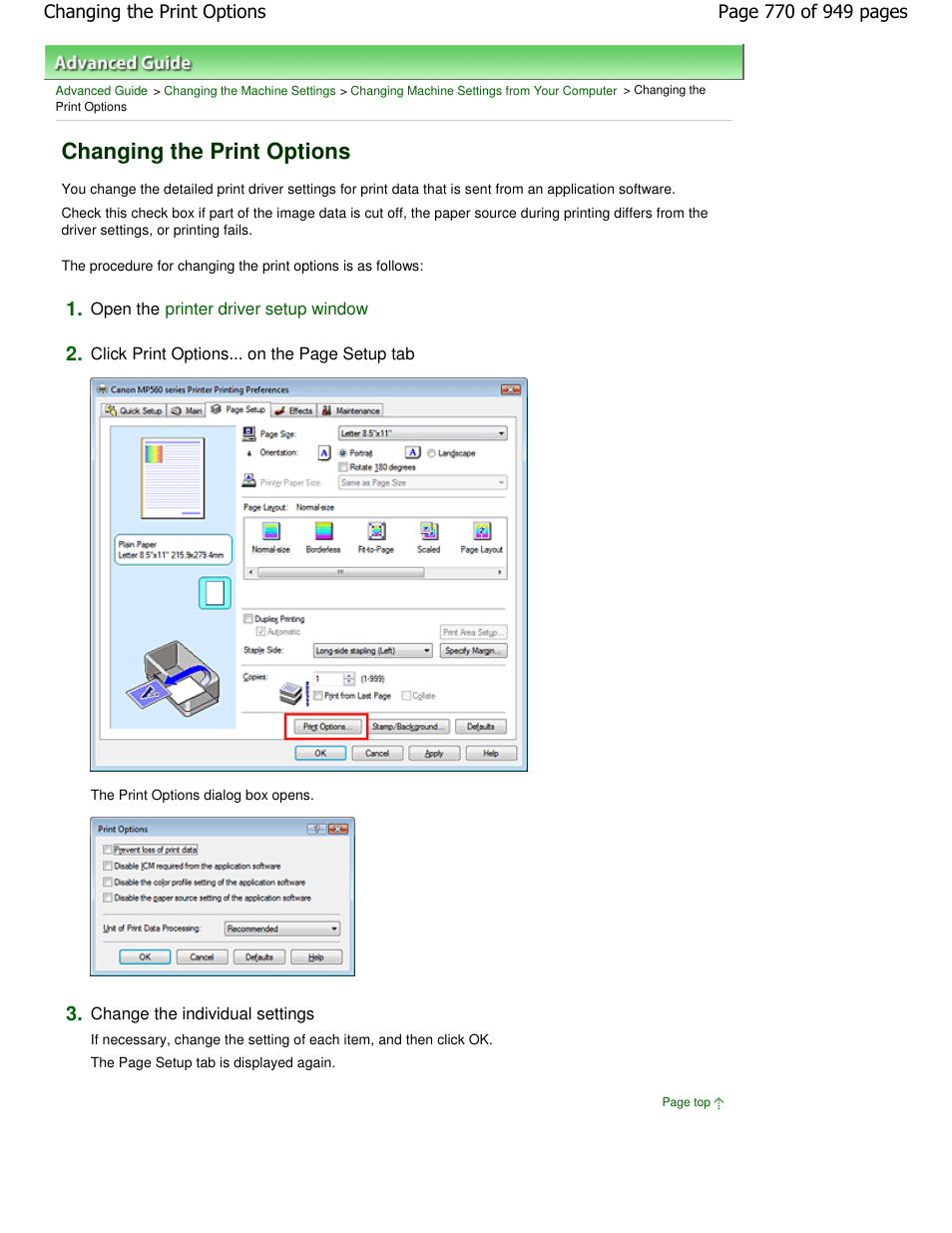 Changing the print options | Canon PIXMA MP560 User Manual | Page 770 / 949