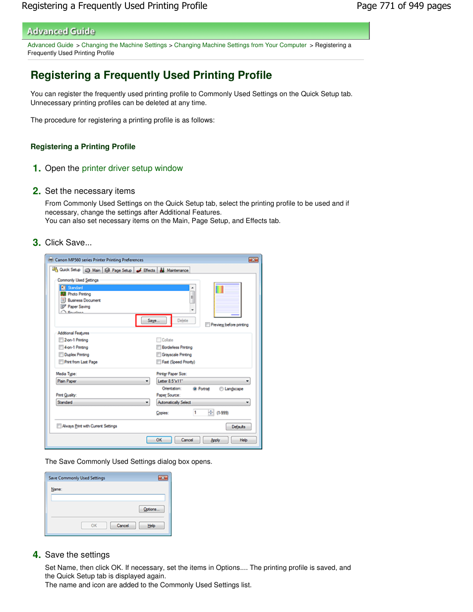 Registering a frequently used printing profile | Canon PIXMA MP560 User Manual | Page 771 / 949