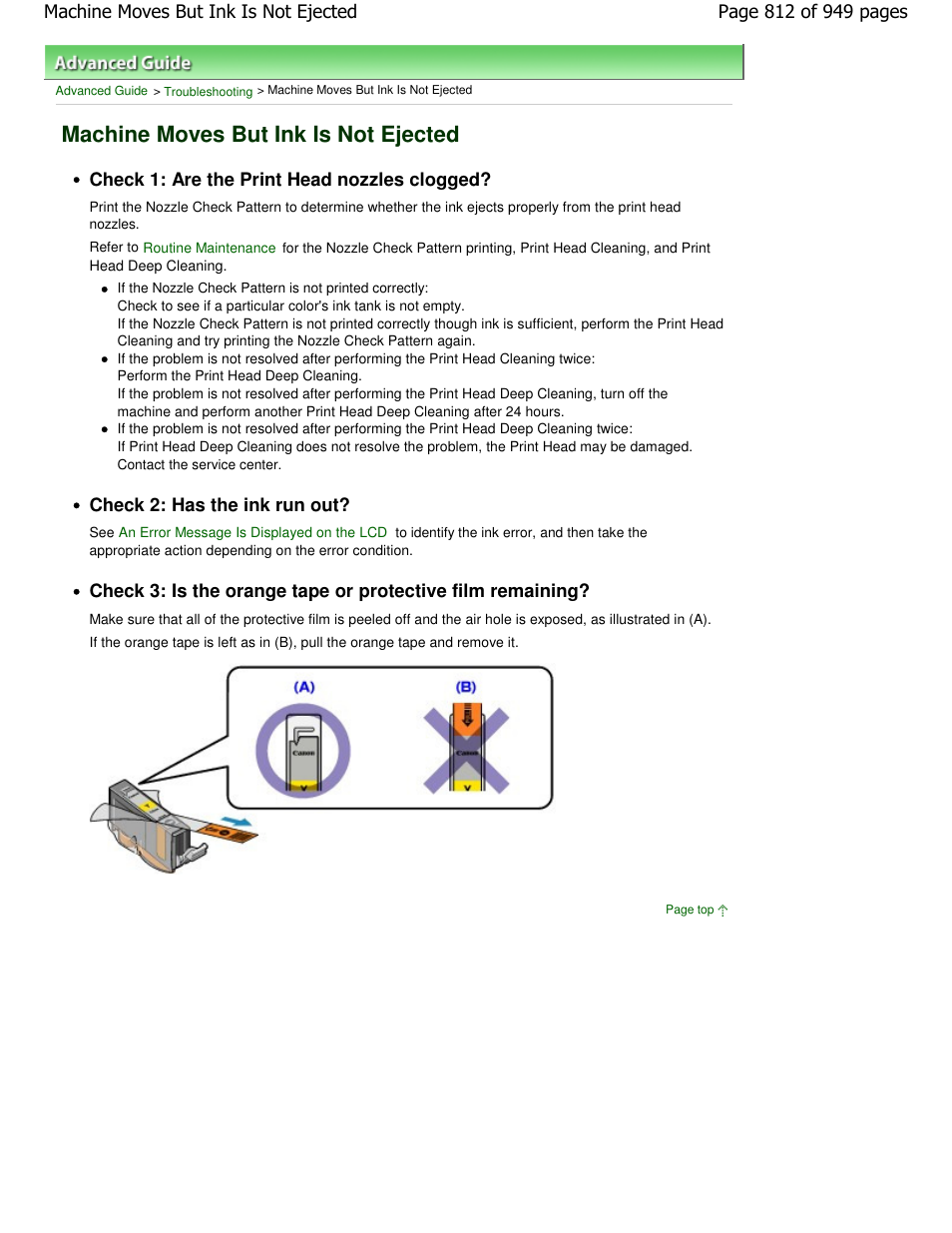 Machine moves but ink is not ejected, Check 1: are the print head nozzles clogged, Check 2: has the ink run out | Canon PIXMA MP560 User Manual | Page 812 / 949