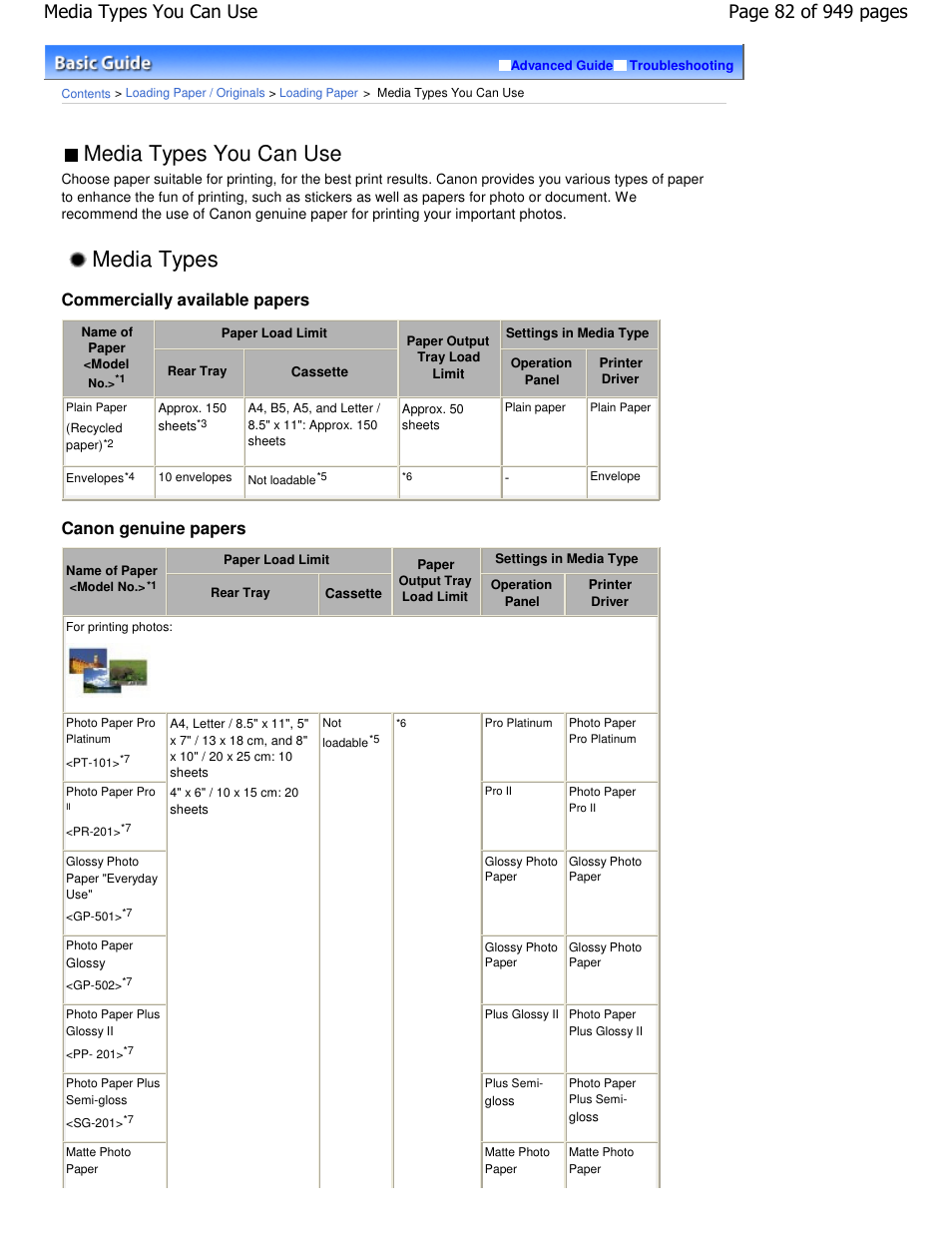 Media types, Media types you can use, Commercially available papers | Canon genuine papers | Canon PIXMA MP560 User Manual | Page 82 / 949