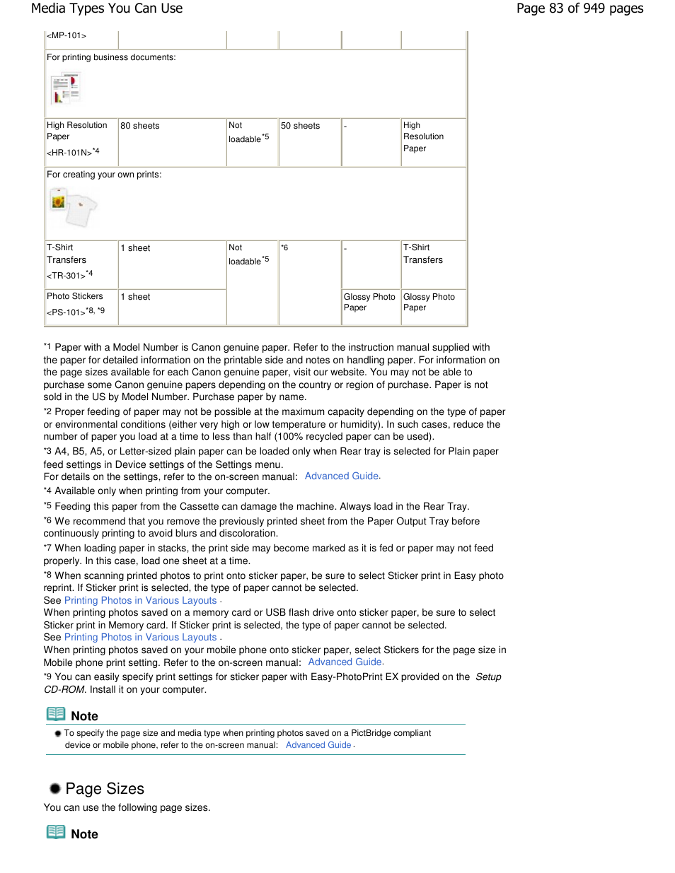 Page sizes | Canon PIXMA MP560 User Manual | Page 83 / 949