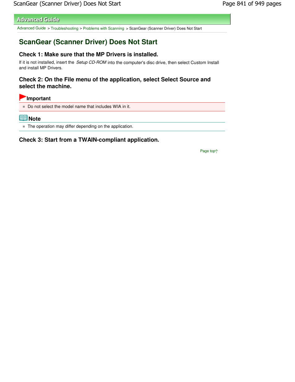 Scangear (scanner driver) does not start | Canon PIXMA MP560 User Manual | Page 841 / 949