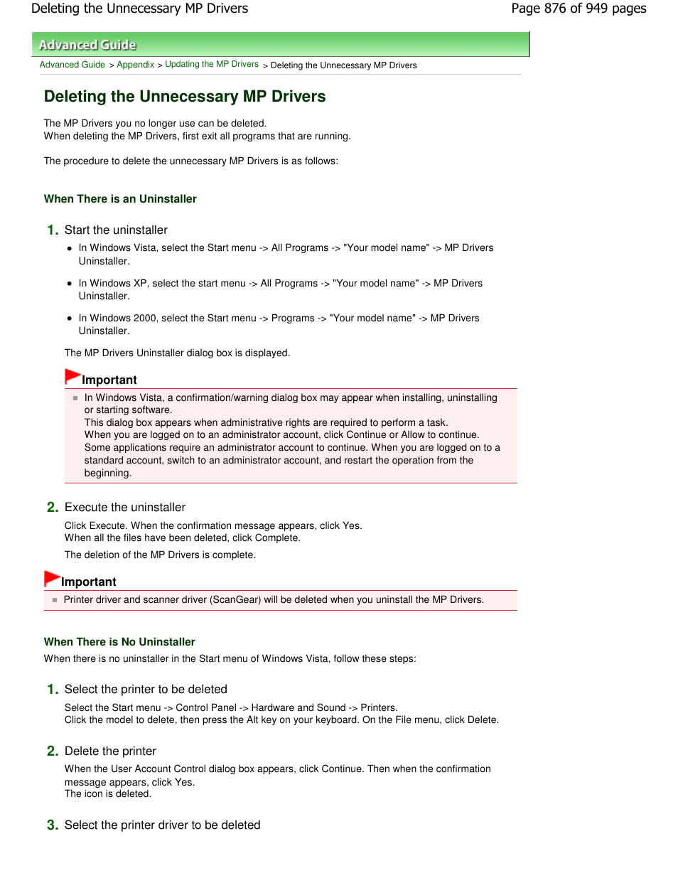 Deleting the unnecessary mp drivers | Canon PIXMA MP560 User Manual | Page 876 / 949