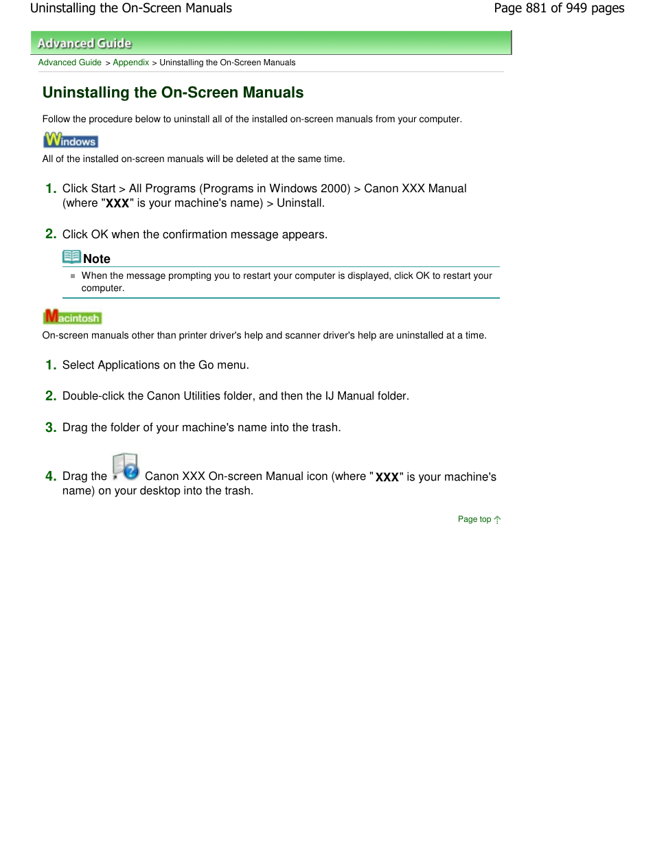Uninstalling the on-screen manuals | Canon PIXMA MP560 User Manual | Page 881 / 949