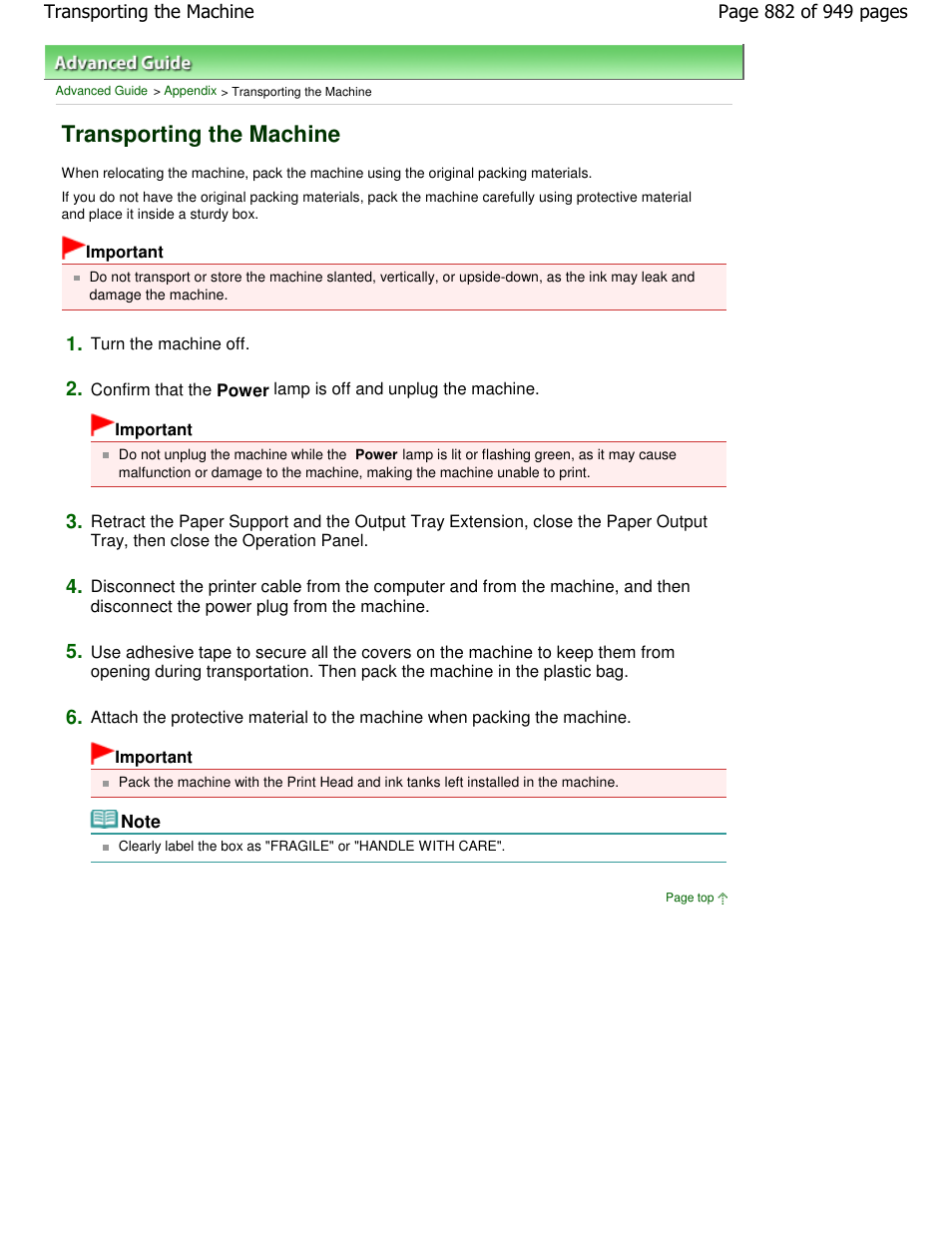 Transporting the machine | Canon PIXMA MP560 User Manual | Page 882 / 949