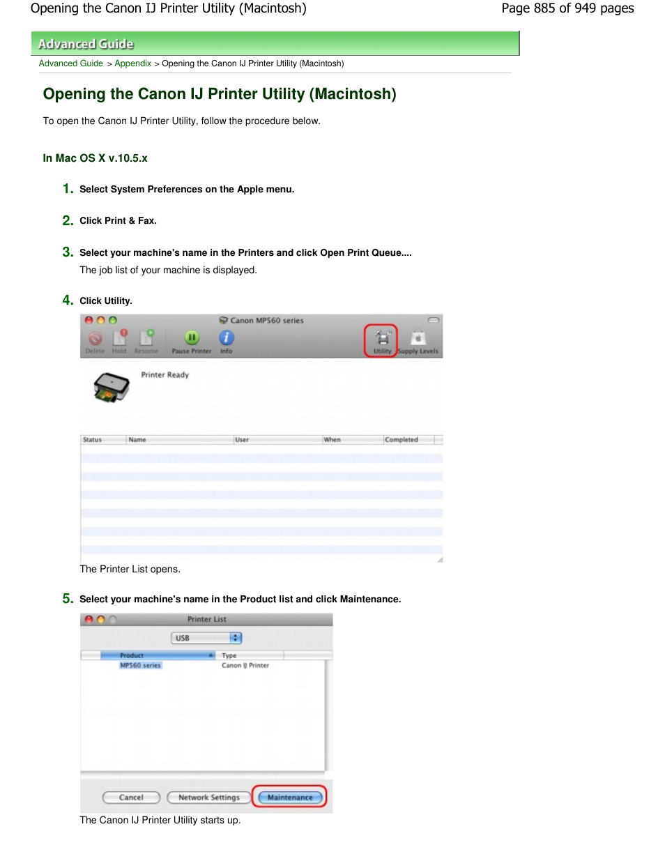 Opening the canon ij printer utility (macintosh) | Canon PIXMA MP560 User Manual | Page 885 / 949