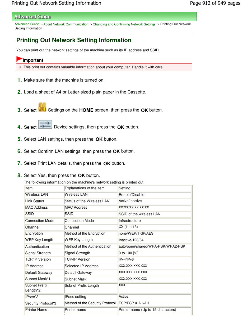 Printing out network setting information | Canon PIXMA MP560 User Manual | Page 912 / 949