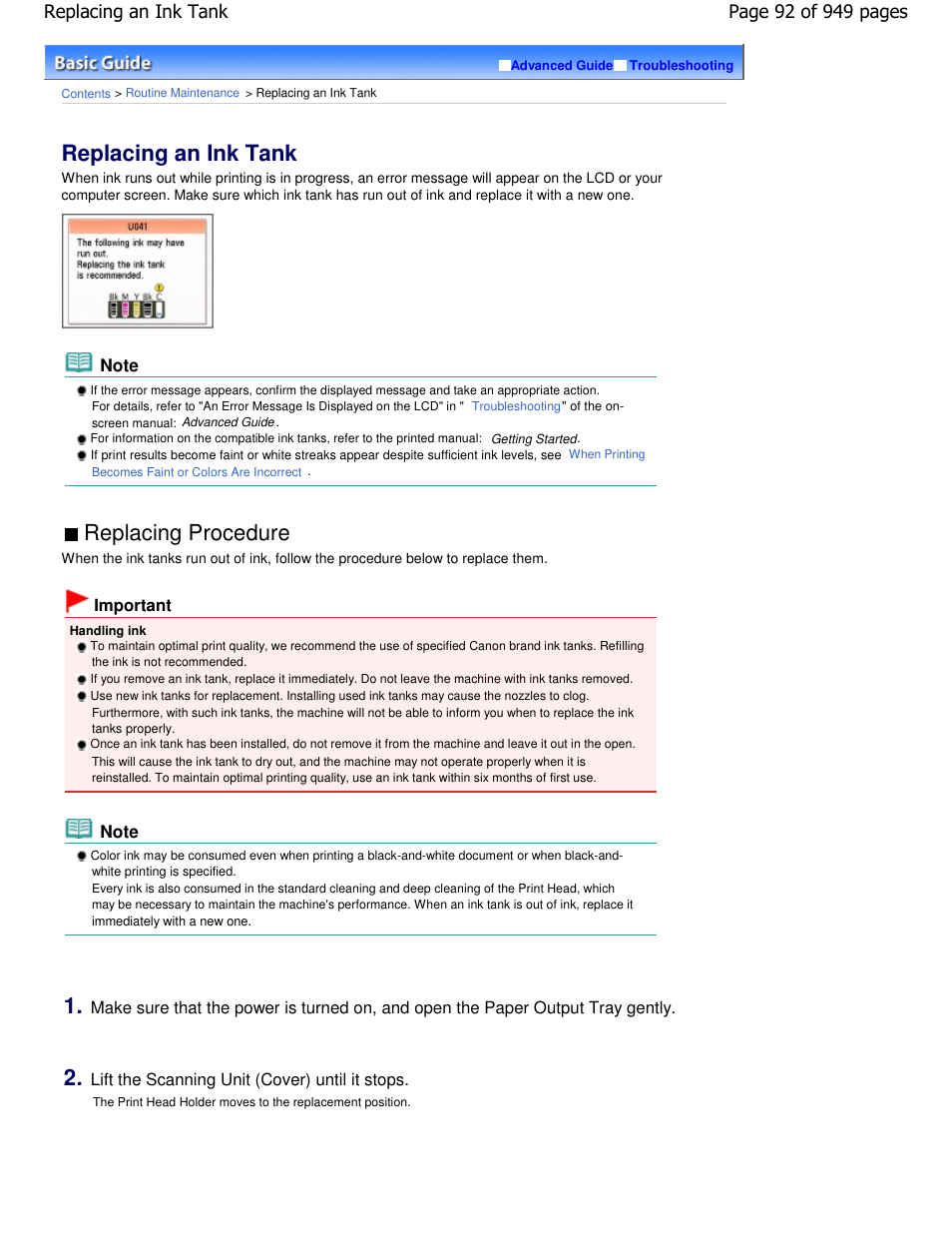 Replacing an ink tank, Replacing procedure | Canon PIXMA MP560 User Manual | Page 92 / 949