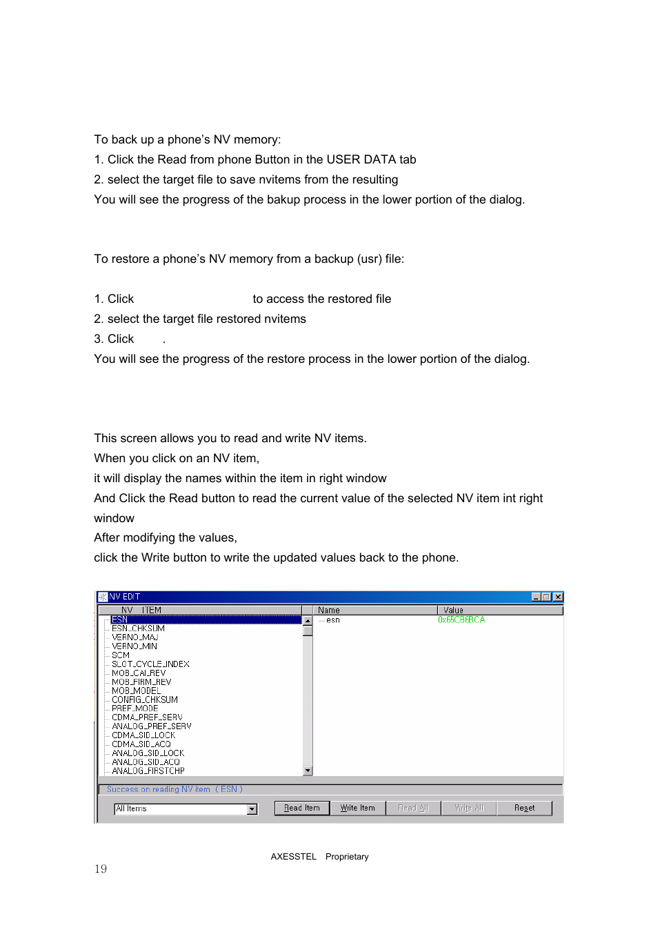 3 nv edit, 6 restoring nv items, Axesstel software user's guide contents | Axesstel PST User Manual | Page 19 / 133