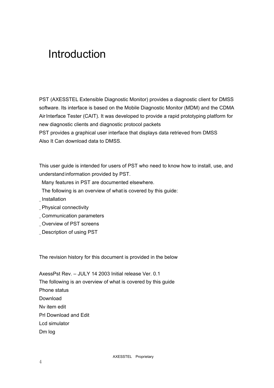 1introduction, 1 purpose, 2 scope and intended audience | 3 revision history | Axesstel PST User Manual | Page 4 / 133