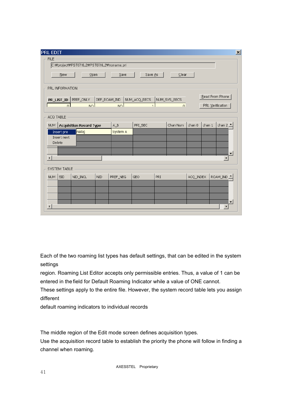 2 system settings (roaming list type), 2 acquisition record table (acquisition types), Axesstel software user's guide contents | Axesstel PST User Manual | Page 41 / 133