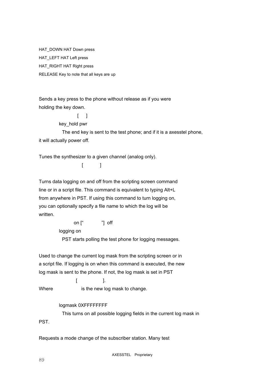 Key_hold, Load_synth (analog test command), Logging | Logmask, Mode | Axesstel PST User Manual | Page 89 / 133