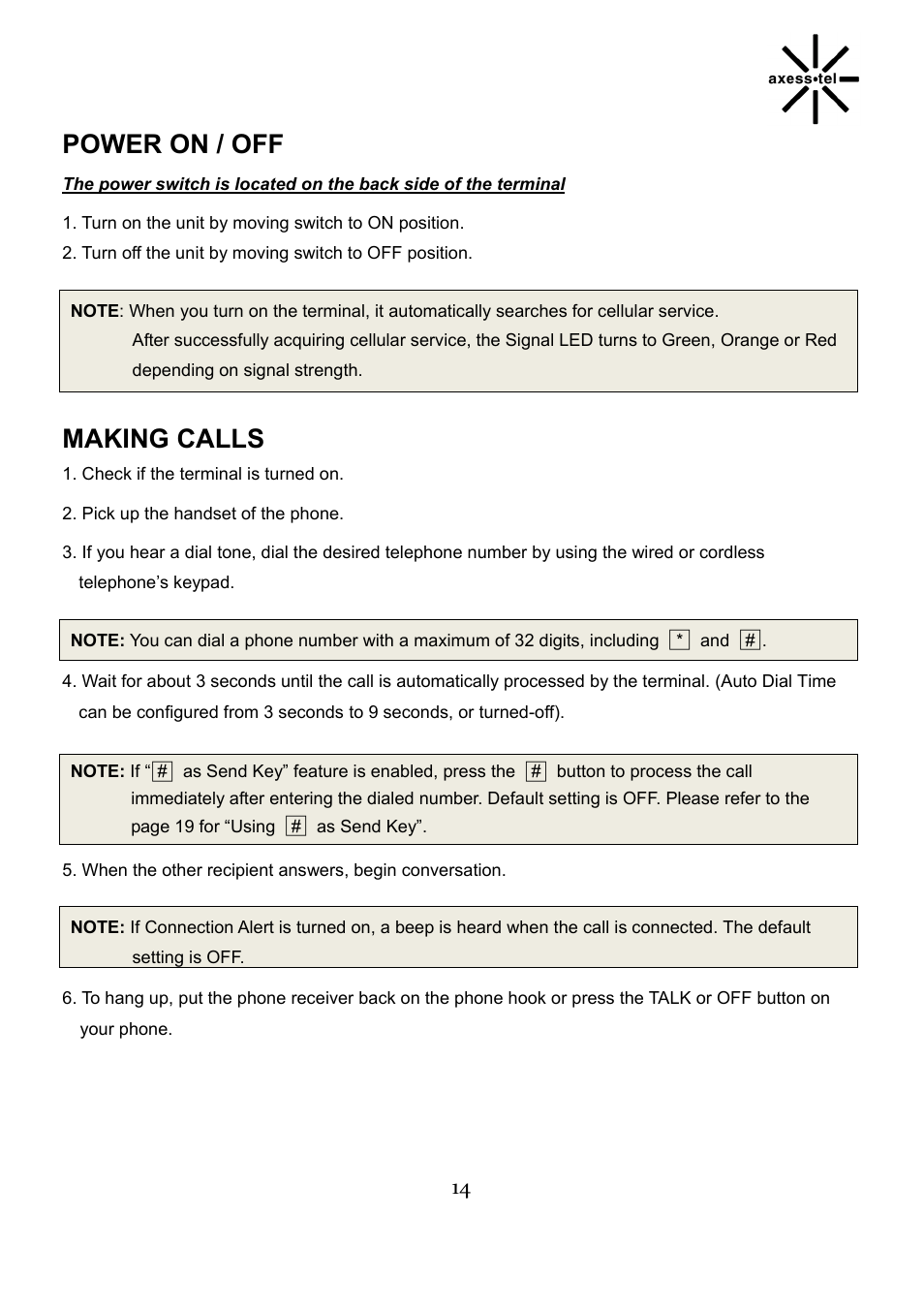 Power on / off, Making calls | Axesstel TX240G User Manual | Page 14 / 28