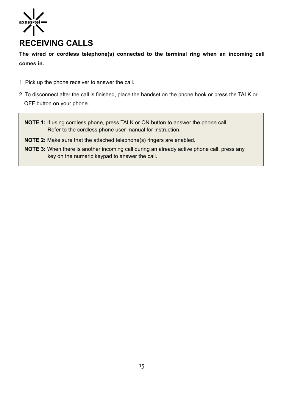 Receiving calls | Axesstel TX240G User Manual | Page 15 / 28