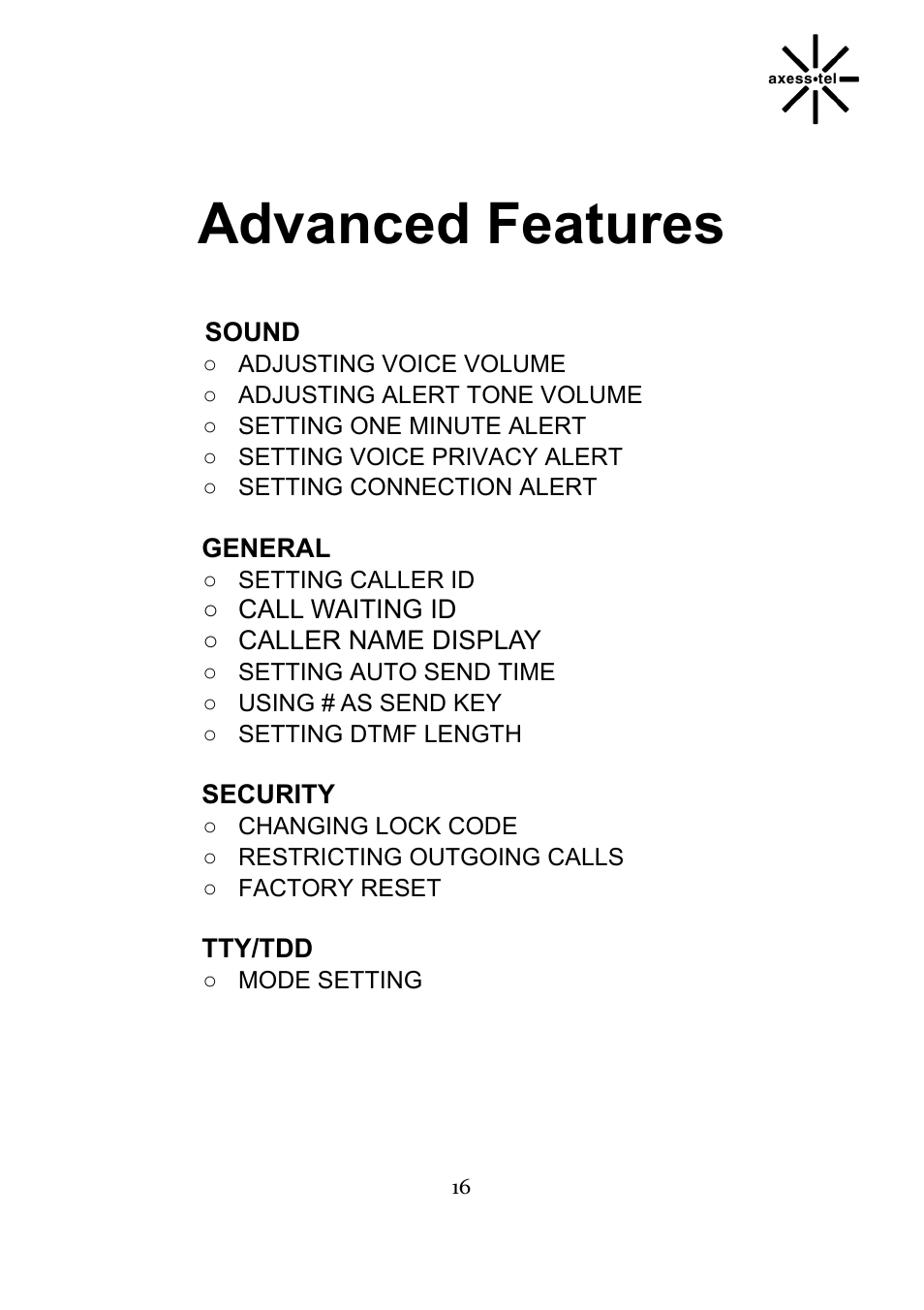 Advanced features | Axesstel TX240G User Manual | Page 16 / 28