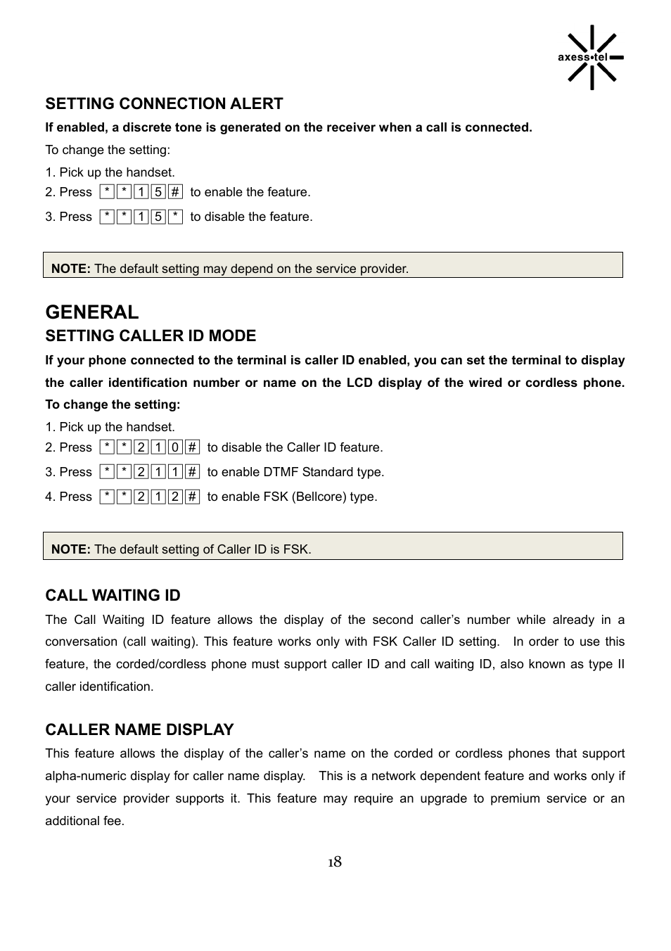 General | Axesstel TX240G User Manual | Page 18 / 28