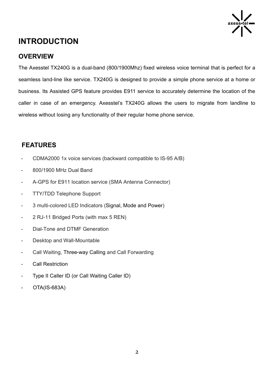 Introduction | Axesstel TX240G User Manual | Page 2 / 28