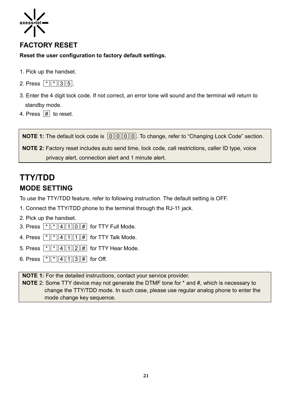Tty/tdd | Axesstel TX240G User Manual | Page 21 / 28