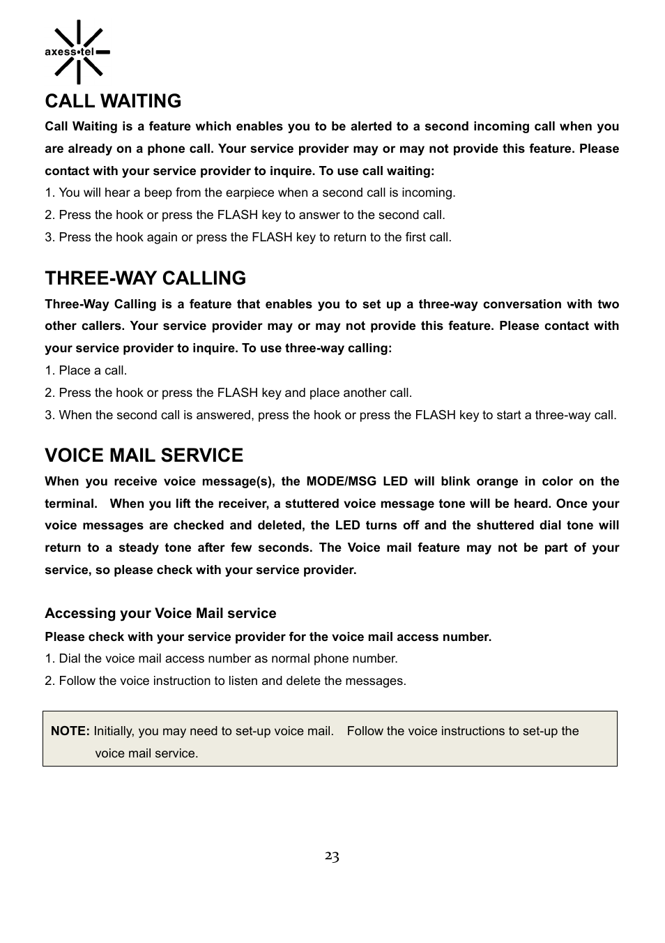 Call waiting, Three-way calling, Voice mail service | Axesstel TX240G User Manual | Page 23 / 28