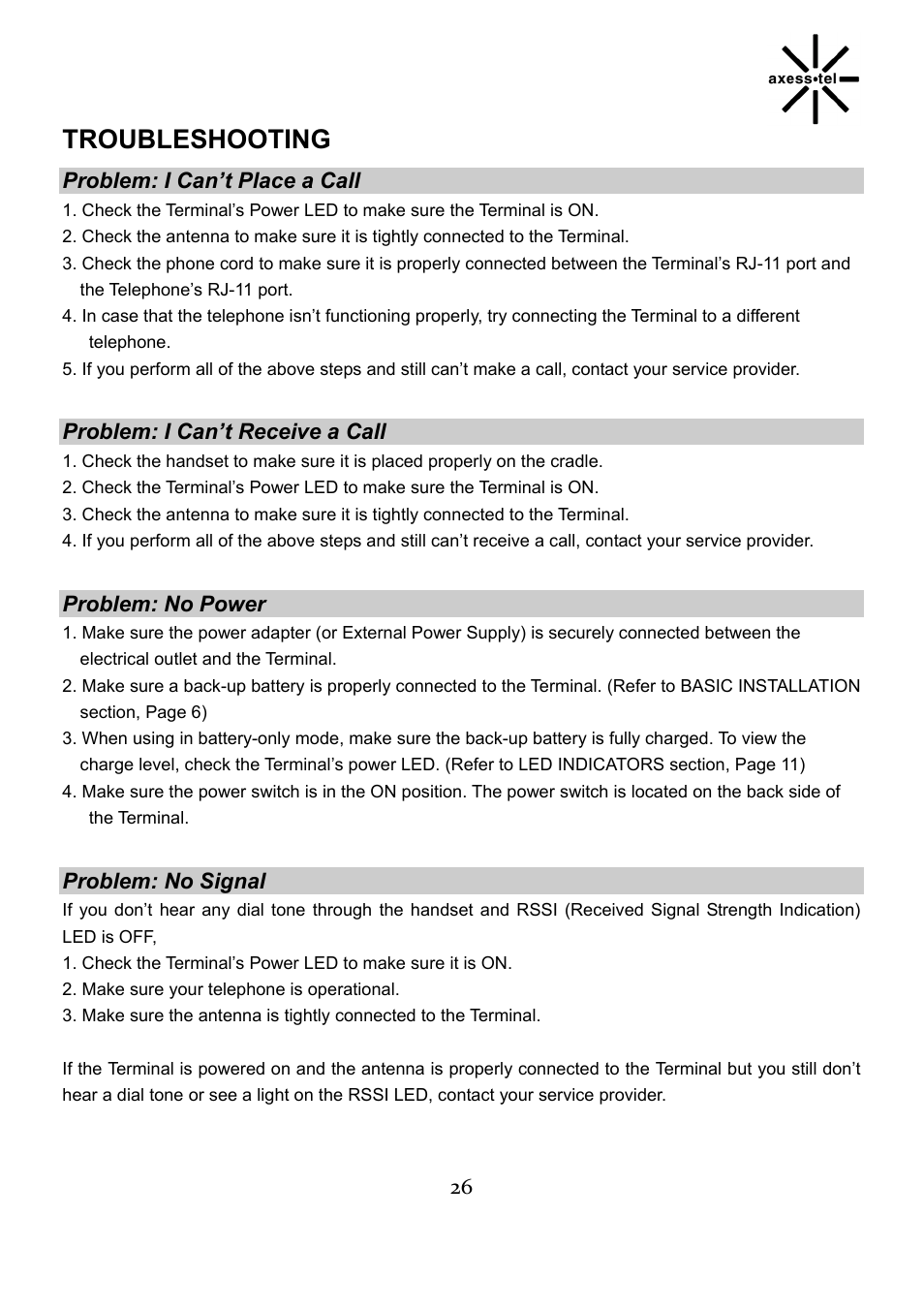 Troubleshooting | Axesstel TX240G User Manual | Page 26 / 28