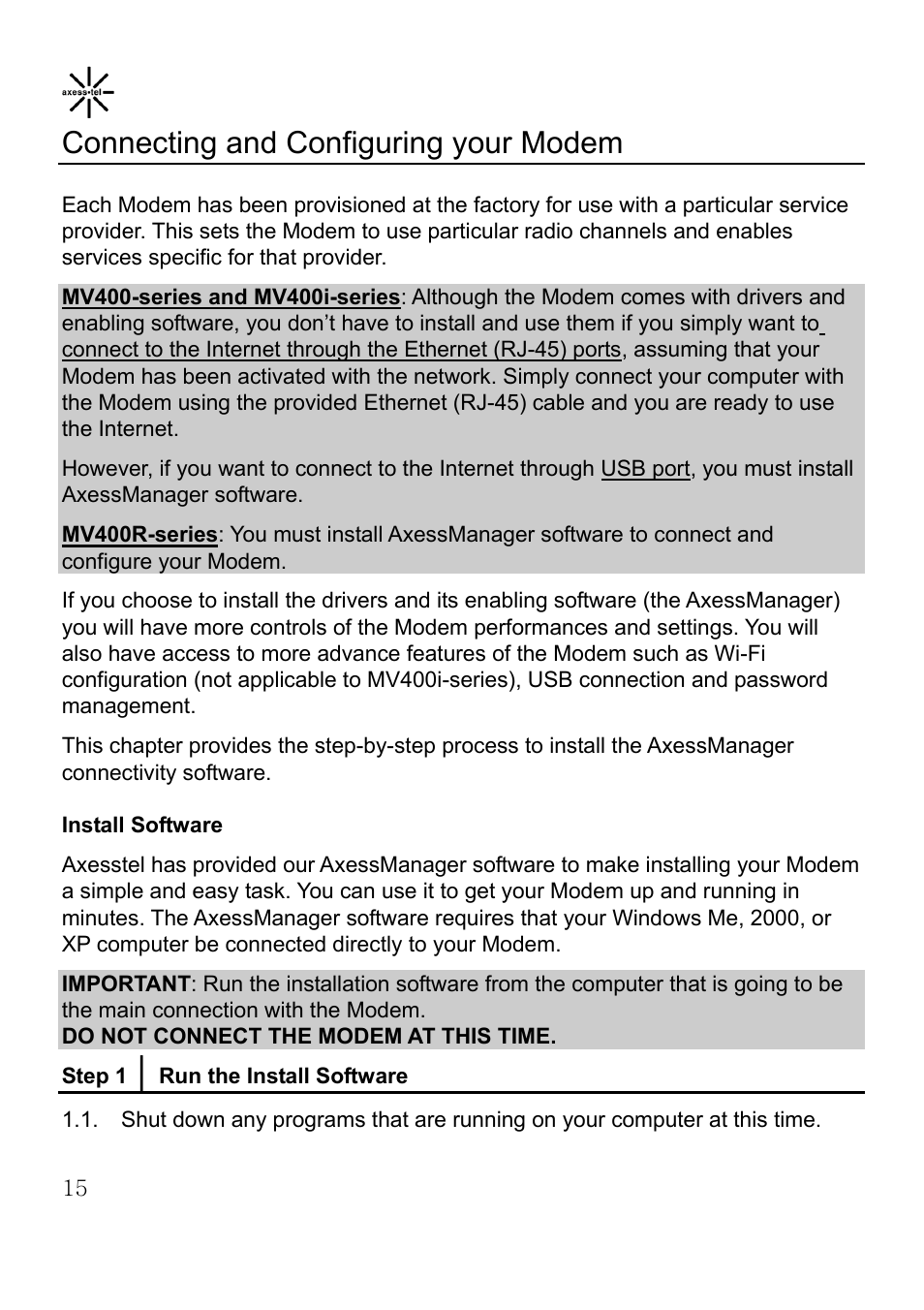Connecting and configuring your modem | Axesstel MV400 User Manual | Page 16 / 58