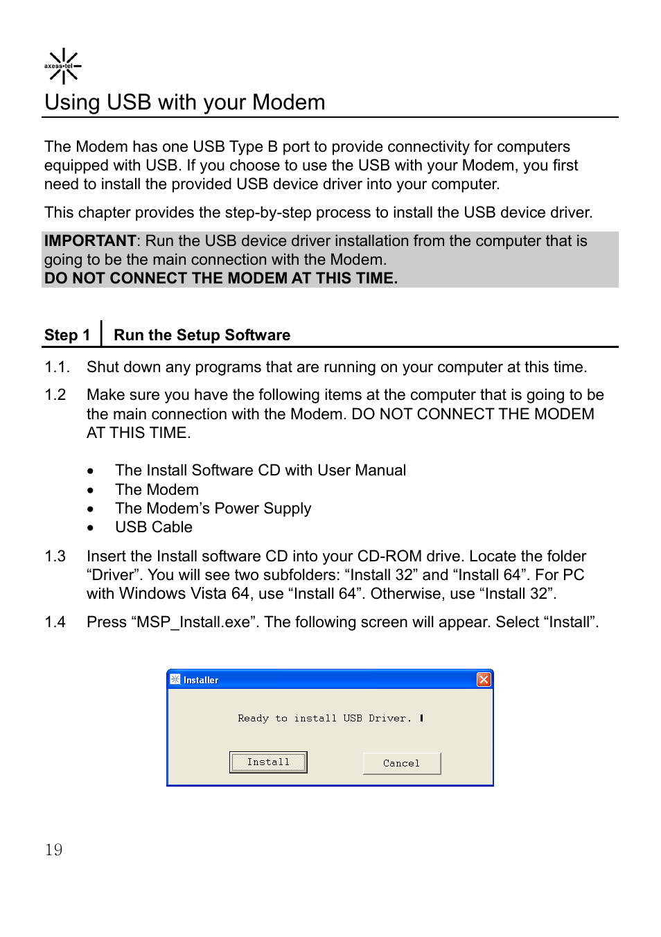 Using usb with your modem | Axesstel MV400 User Manual | Page 20 / 58