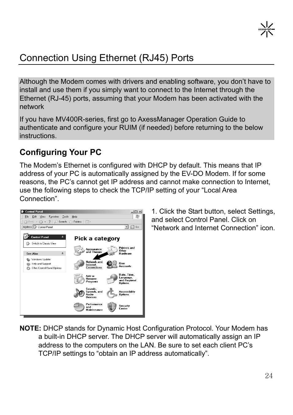 Connection using ethernet (rj45) ports, Configuring your pc | Axesstel MV400 User Manual | Page 25 / 58